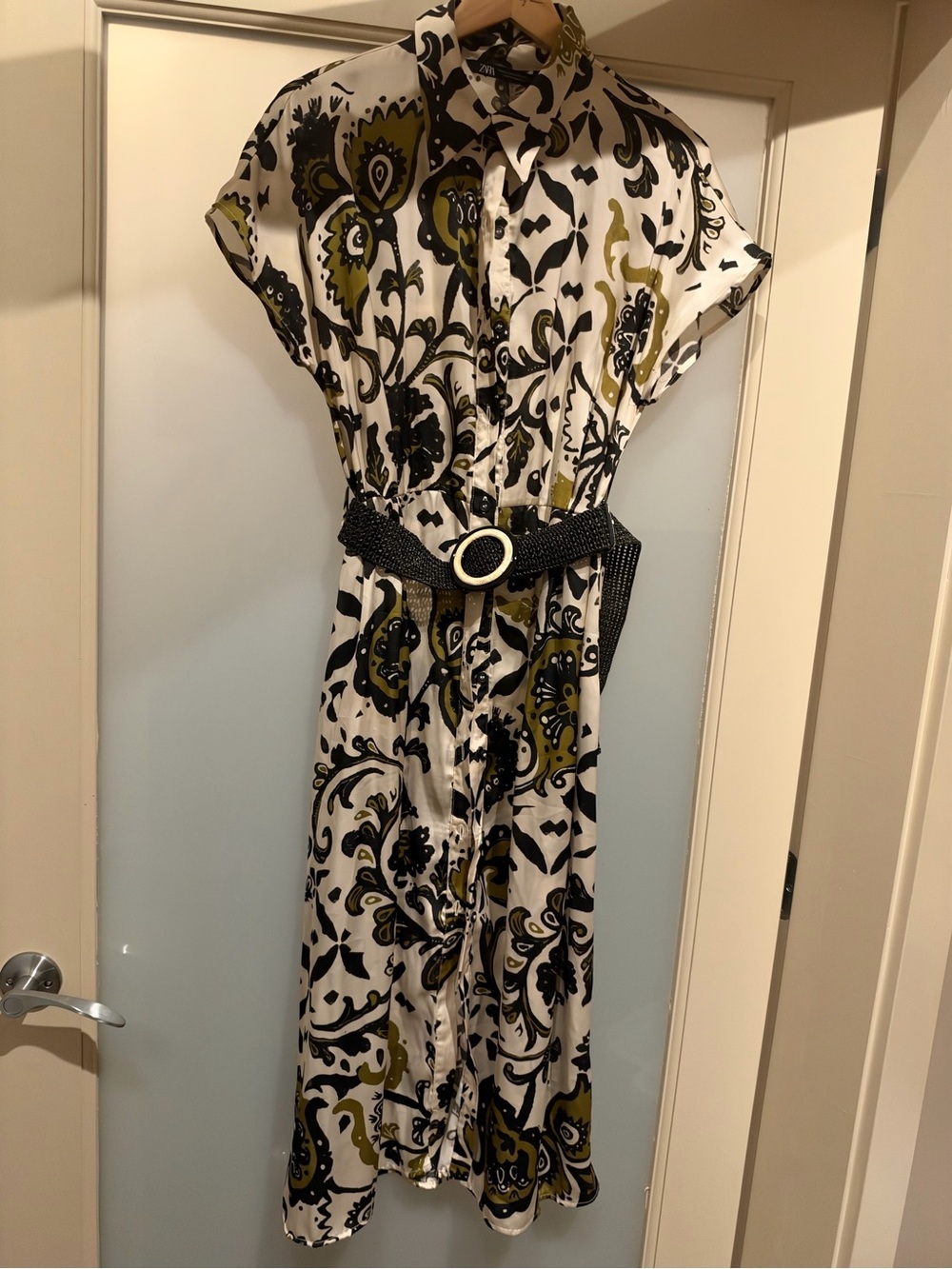 Zara Button-Front Midi Dress in White with Olive & Black Print
